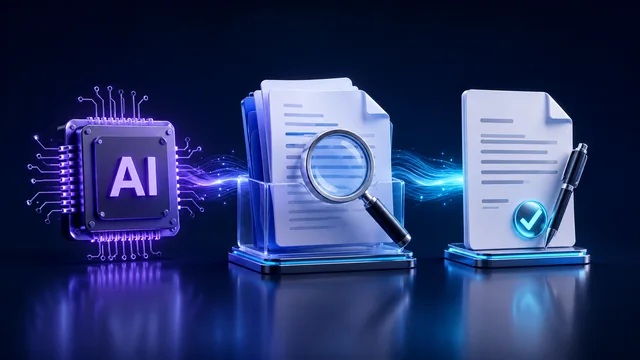 An AI chip connected to source checking and a reviewed document