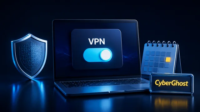 CyberGhost review illustration with a VPN app, shield and subscription calendar