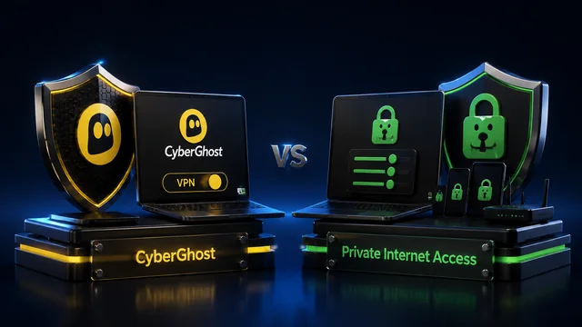 CyberGhost guided setup beside Private Internet Access configuration controls