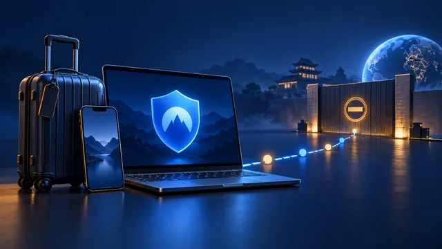 Conceptual travel devices, a blue shield and a network path stopped at a gate