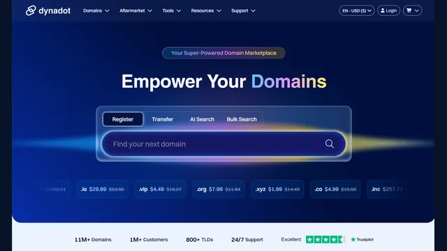 Dynadot domain search homepage with registration and transfer tools