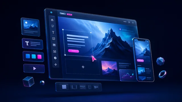 Conceptual visual website editor with design modules and a mobile preview
