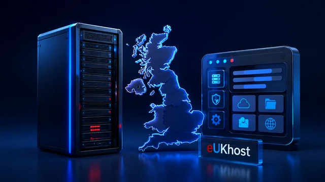 eUKhost review illustration with UK hosting and a control panel