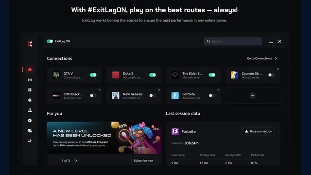 Vendor-supplied ExitLag application illustration showing game connections and example session statistics
