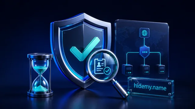 hidemy.name review illustration with a shield, trial timer and verification lens