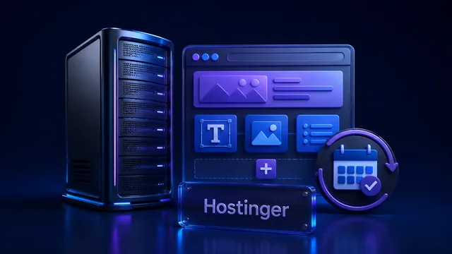 Hostinger review illustration with a server, website builder and renewal calendar