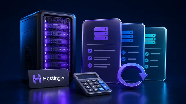 Hostinger pricing illustration with plans, calculator and renewal