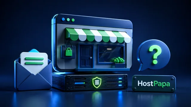 HostPapa review illustration with business hosting, email and support