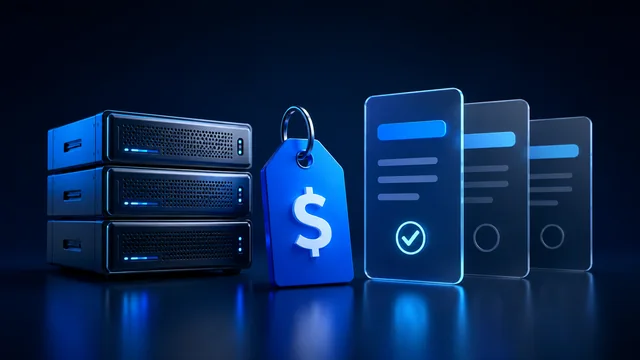Servers, a price tag and hosting plan cards