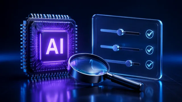 An AI chip beside an evaluation checklist and magnifying glass