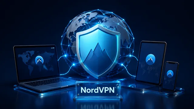 NordVPN review illustration with a shield and connected devices