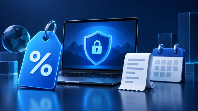 Conceptual discount tag, VPN laptop, receipt and calendar for comparing subscription offers