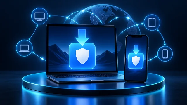 Conceptual laptop and smartphone displaying a download arrow and shield for a VPN app installation