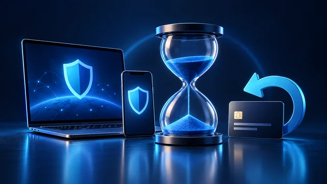 Conceptual VPN devices, hourglass and payment card illustrating trial timing and refund decisions