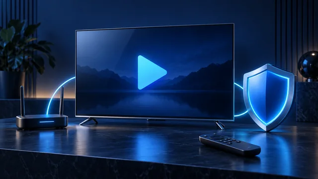 Conceptual television with a play symbol, VPN shield, router and remote on a navy background