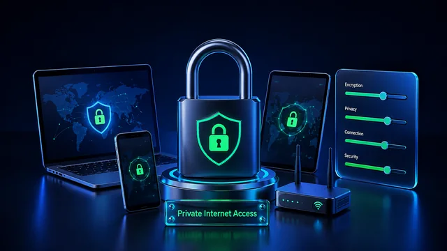 Private Internet Access review illustration with devices and configuration controls