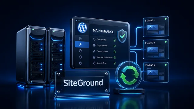 SiteGround review illustration showing hosting, staging and backups