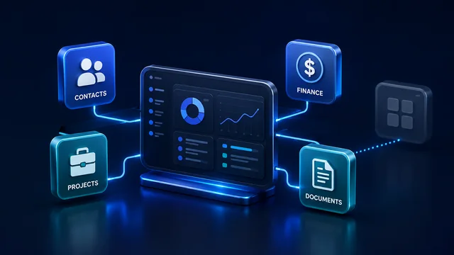 Connected business software modules around a central dashboard