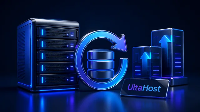 UltaHost review illustration with shared hosting, backups and upgrades