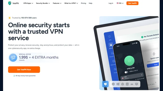 VeePN homepage showing its VPN app and security bundle on a phone and desktop