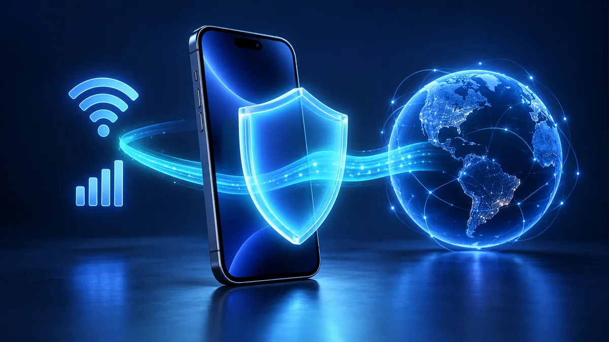 Conceptual smartphone and VPN tunnel between Wi-Fi, cellular signals and an internet globe