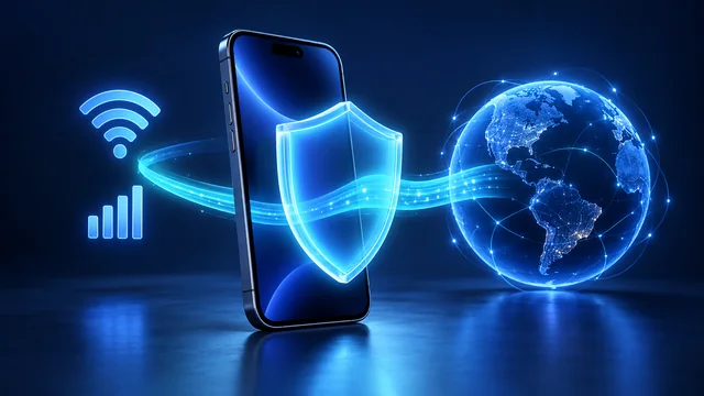 Conceptual smartphone and encrypted tunnel between Wi-Fi, cellular signals and an internet globe