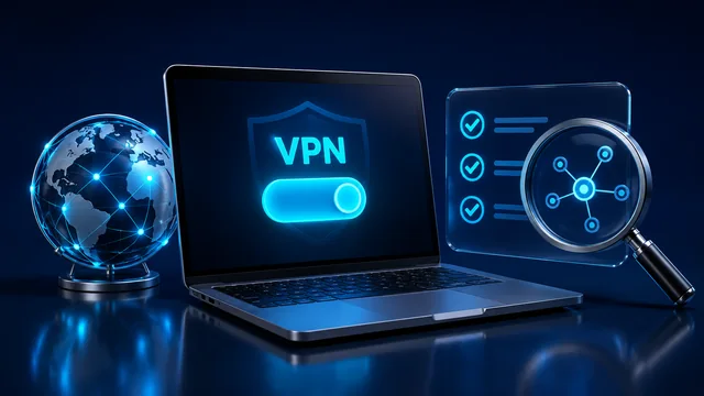 Laptop with a VPN toggle and a connection testing checklist