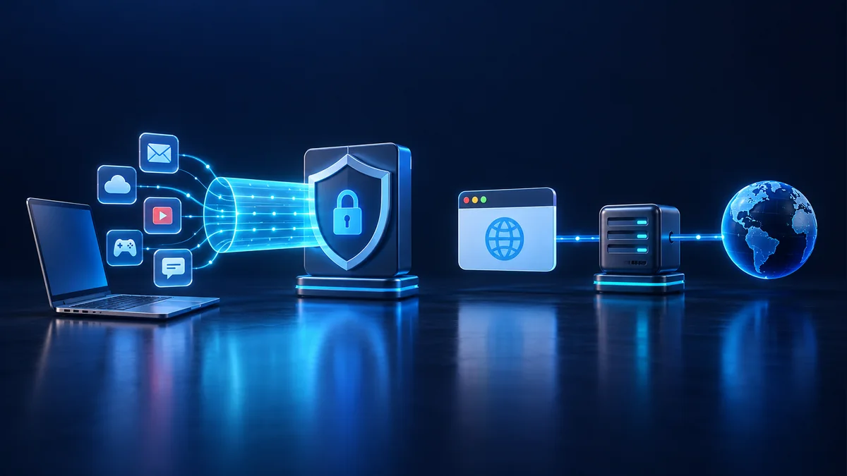 Conceptual illustration of several apps using a VPN tunnel beside a browser using a proxy relay