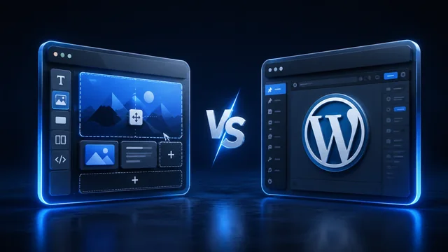 A visual website builder and a WordPress editor side by side