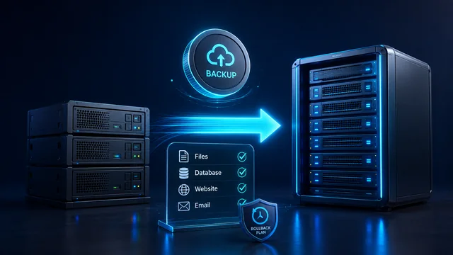 Servers connected by a transfer arrow with a backup disk and migration checklist
