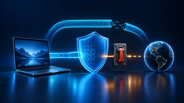 Conceptual protective gate preventing direct network fallback when a VPN connection fails