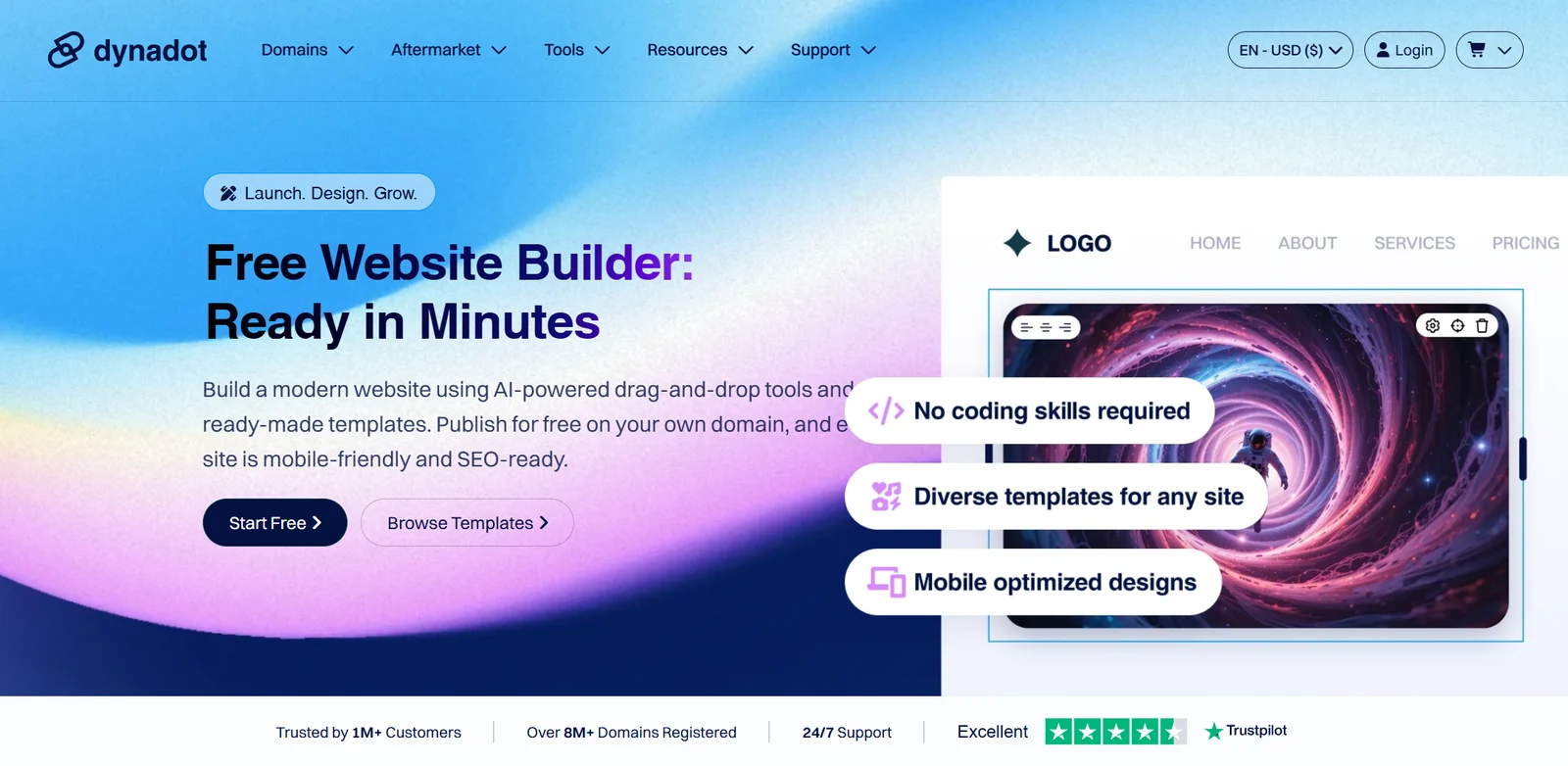 Dynadot website builder page showing drag-and-drop design and responsive templates