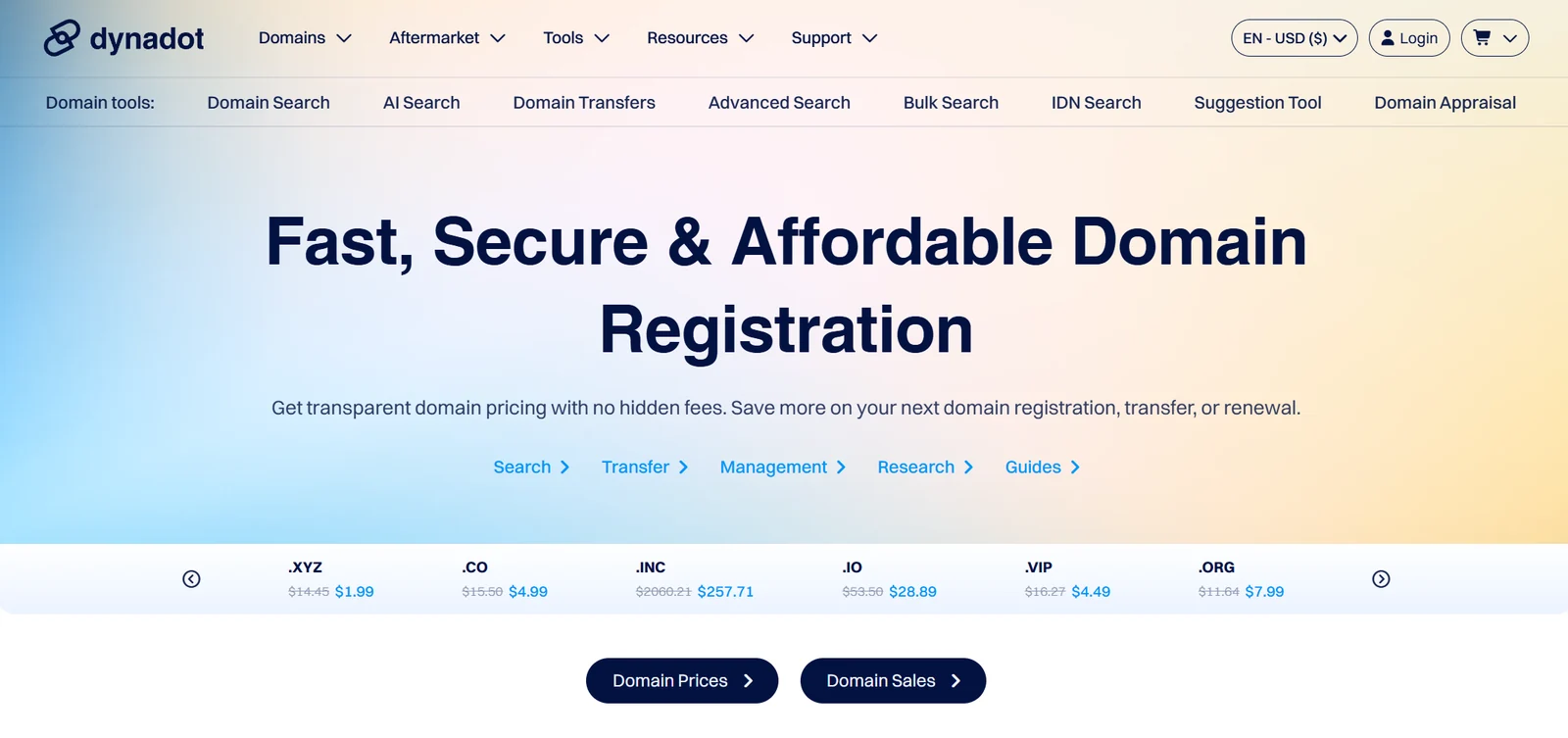 Dynadot domain registration page with search transfer management and research tools