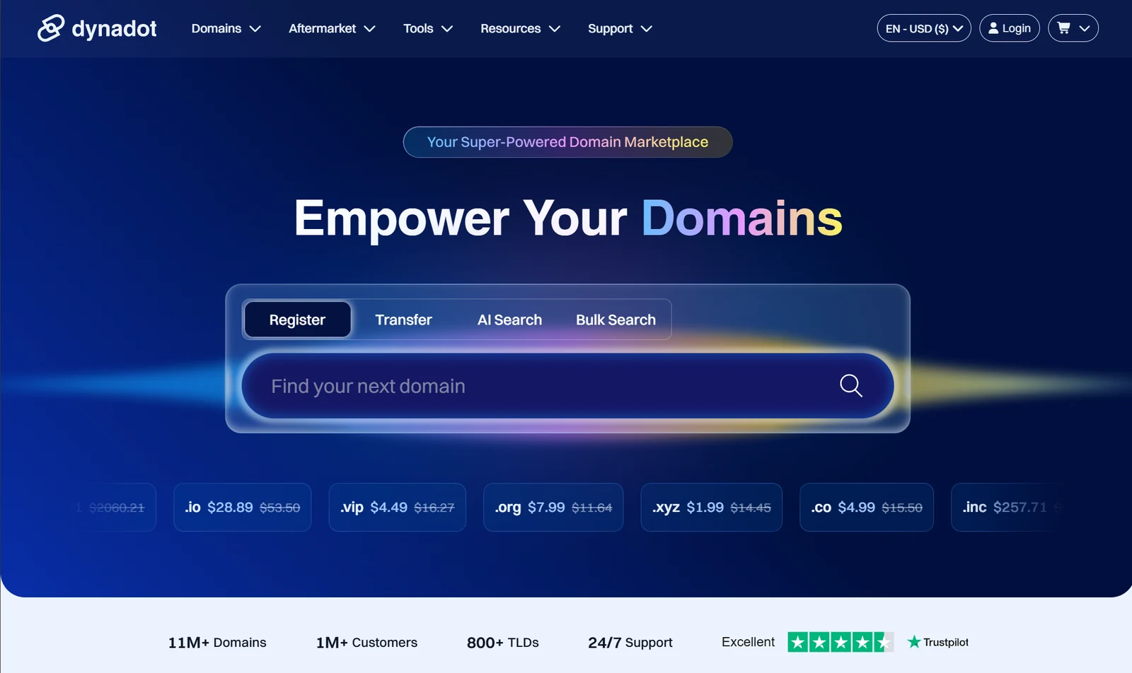 Dynadot homepage showing domain search and marketplace navigation