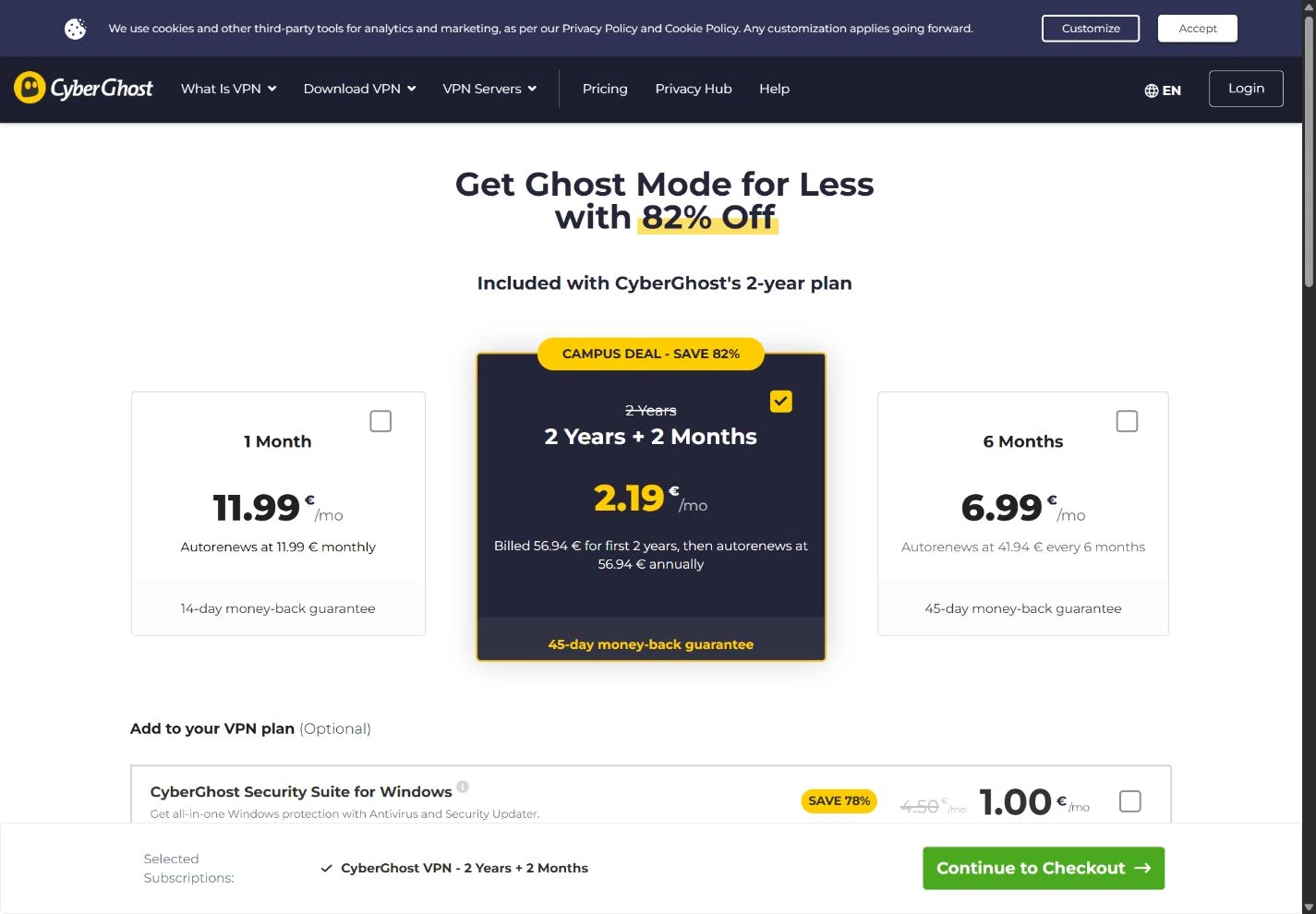 Official CyberGhost VPN public pricing page showing the captured plan choices and billing information