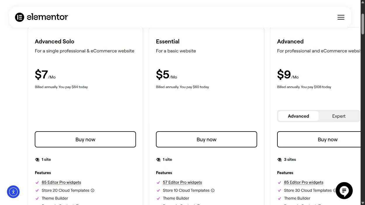 Official Elementor public pricing page showing the captured plan choices and billing information
