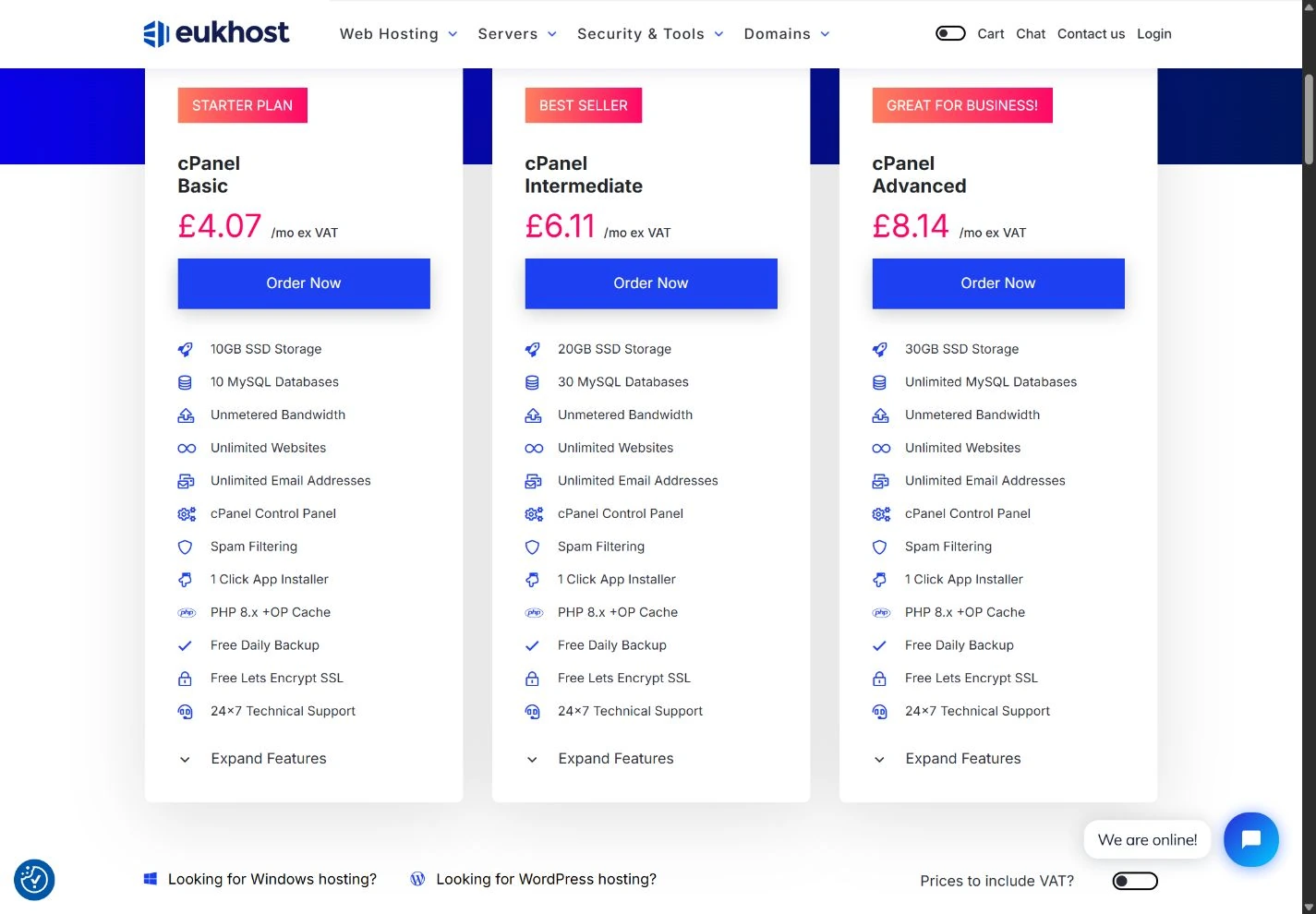 Official eUKhost public pricing page showing the captured plan choices and billing information