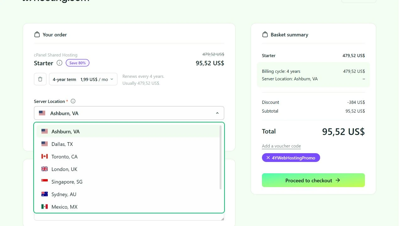 Original Hosting.com Starter configuration with its server location menu and four-year USD renewal