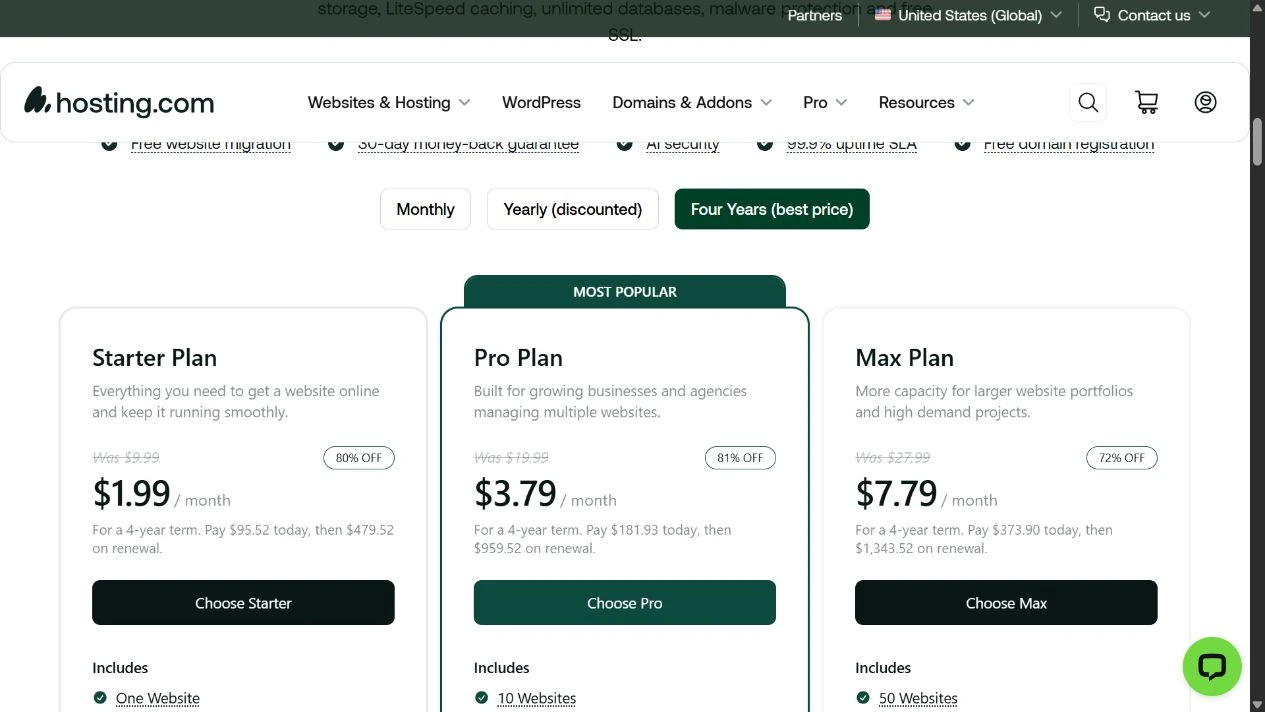 Official Hosting.com public pricing page showing the captured plan choices and billing information