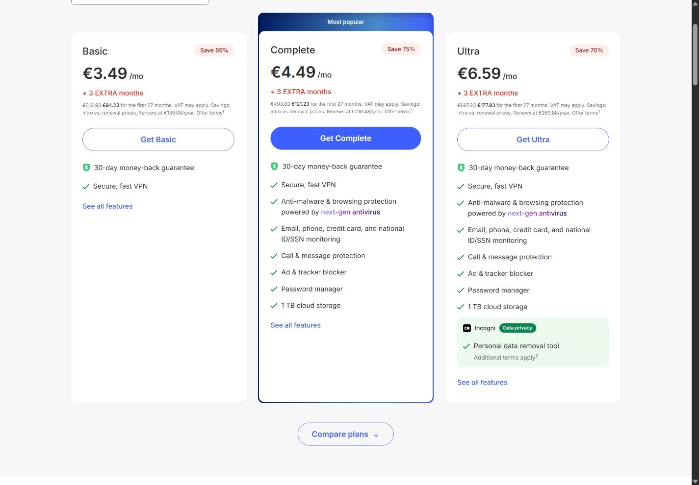 Official NordVPN public pricing page showing the captured plan choices and billing information