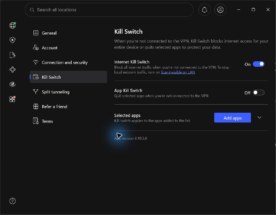 Our September 7 Windows screenshot: NordVPN Internet Kill Switch enabled and App Kill Switch disabled
