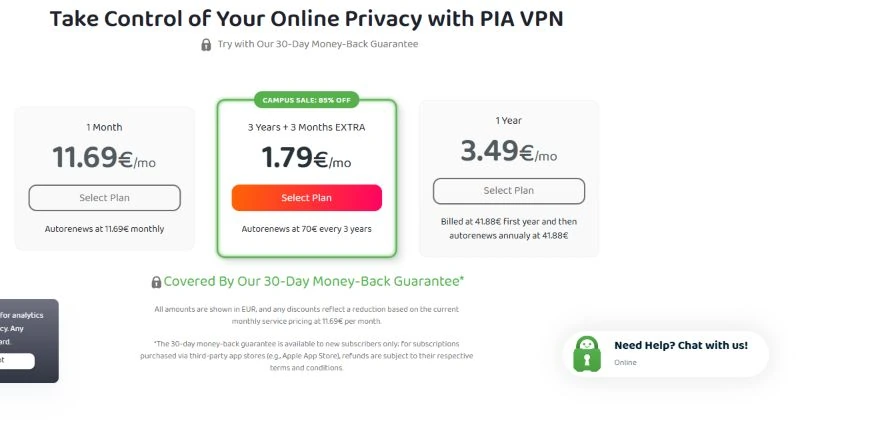 Official Private Internet Access public pricing page showing the captured plan choices and billing information
