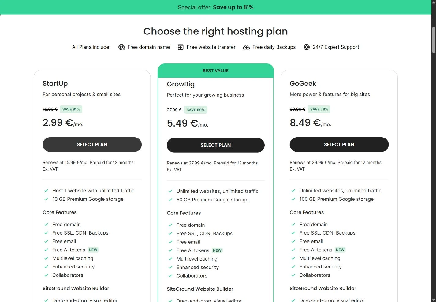 Official SiteGround public pricing page showing the captured plan choices and billing information