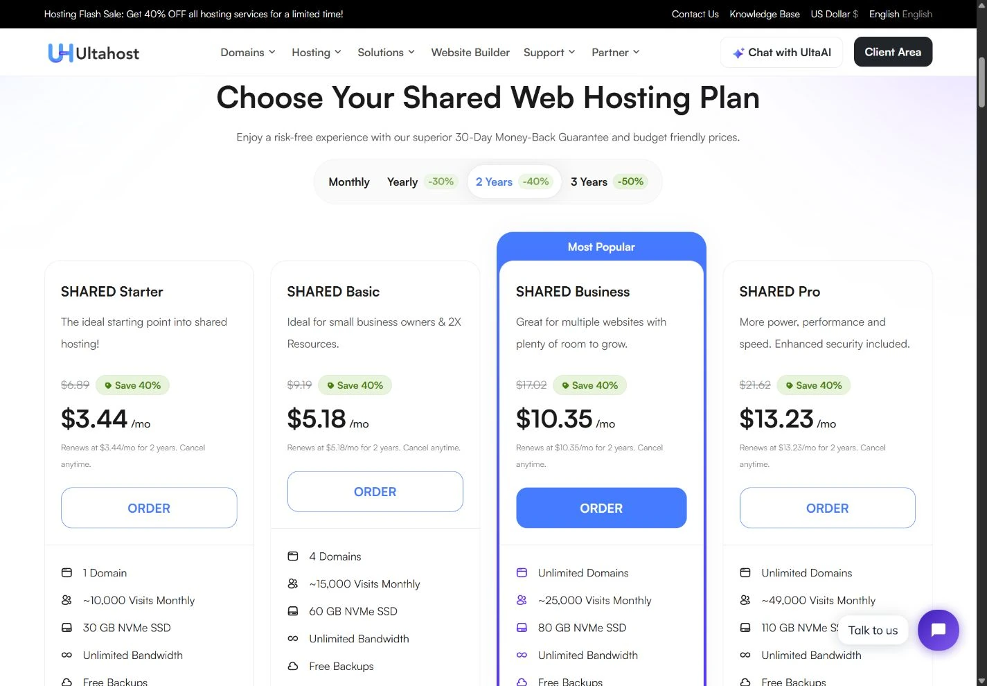 Official UltaHost public pricing page showing the captured plan choices and billing information