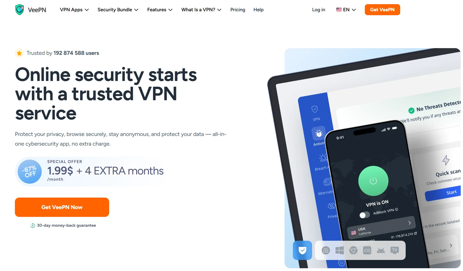 VeePN public homepage showing VPN and security-bundle illustrations
